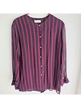 Vintage Silk Blouse Women M Striped Lightweight Lined Button Front Boho